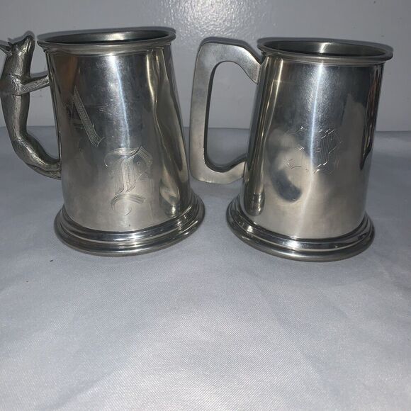 Other - 2  1779 Sheffield Pewter Wolf Handle Mug Cup England Hunting Animal Glass Button